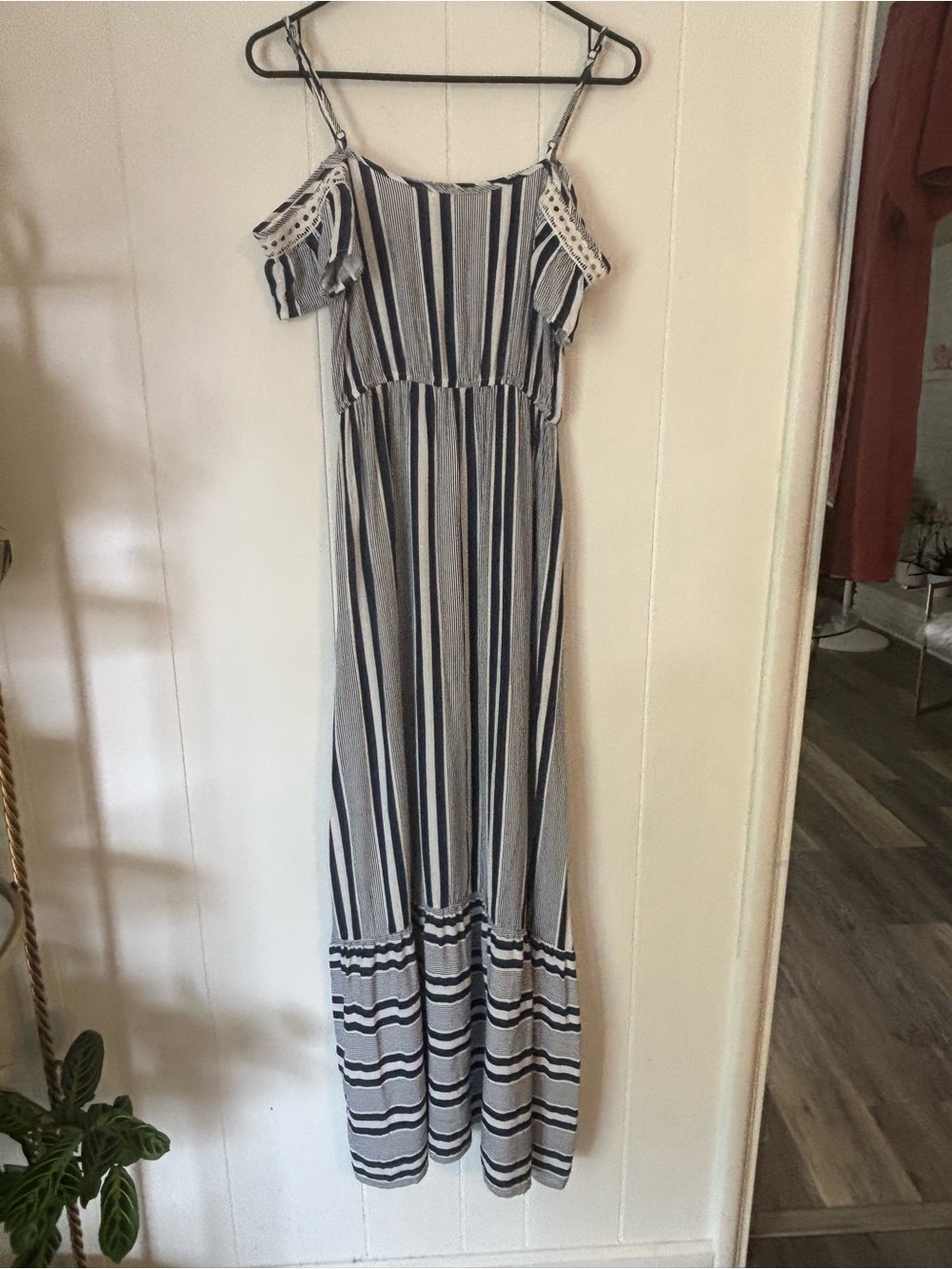 Striped Cold-Shoulder Maxi Dress - Navy Blue & White